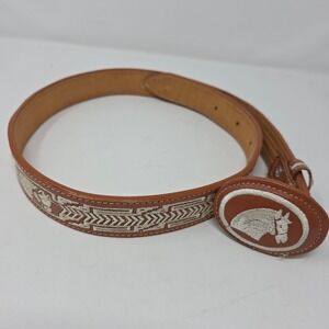 YAC Genuine Leather Piteado Belt Womens 34 Tan Horse Head Western Mexico